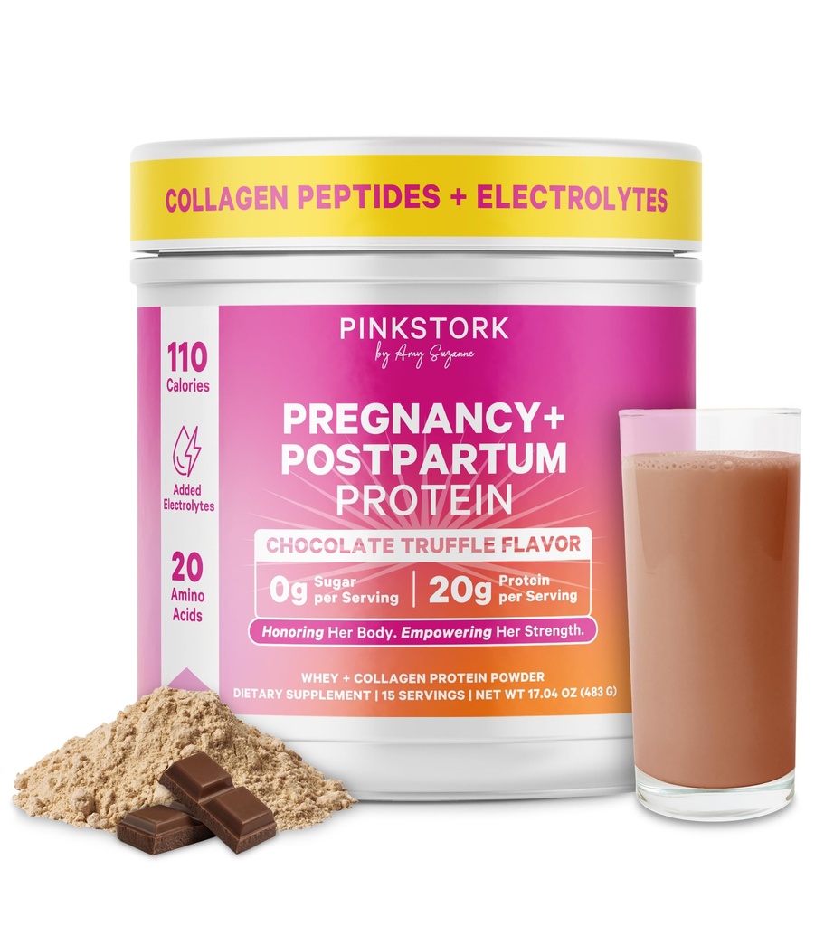 Pink Stork Těhotenství a Poporodní protein prášek pro ženy, 20g syrovátka & kolagen, Prenatal & Kojení Protein Shake Mix pro energii, zotavení a hydrataci, Čokoláda, 15 Služební