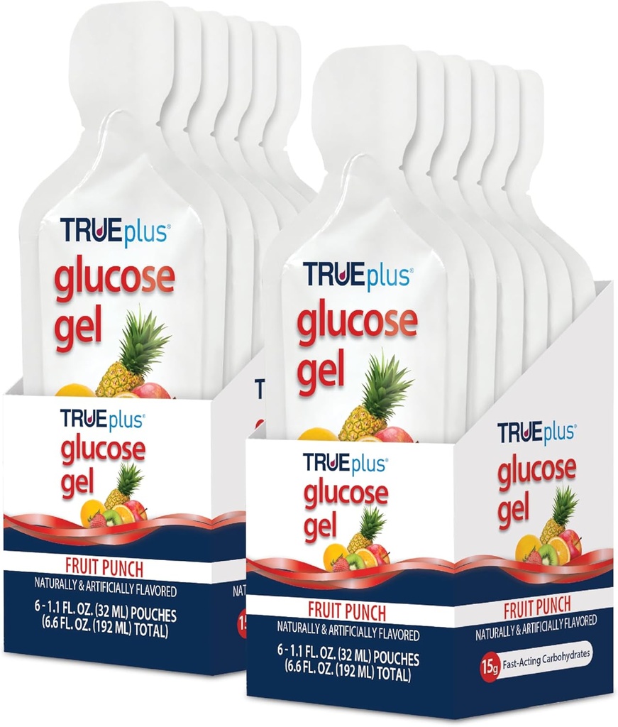 TRUEplus Glukóza Gel Pouch, Ovocný punč Flavor, 15g Fast- působící sacharidy, Fat Free, gluten Free, Rychlá podpora pro nízkou hladinu cukru a energie v krvi, 12 Pack