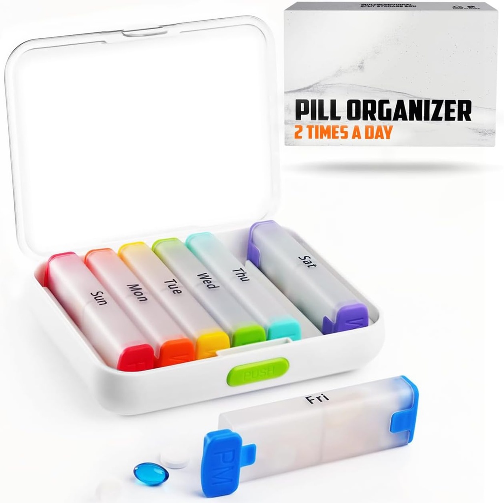 BEXEEN Weekly Pill Organizér 2 krát denně - Pill Box 7 Day Am Pm - Travel Medicine Organizátor Dvakrát denně Vitamin Holder Přenosný doplněk případ týden Ráno v noci Med Disperser detekovatelný kontejner