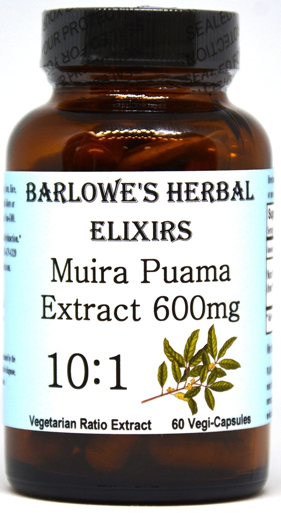 Barlowe je Bylinné Elixirs Muira Puama 10: 1 Extract 124; 600mg per Capsule 124; Tradiční doplněk mužského vitality 124; 60 Vegan Kapsle 124; Stearate-Free, Non- GMO, Baleno ve skleněné lahvičce