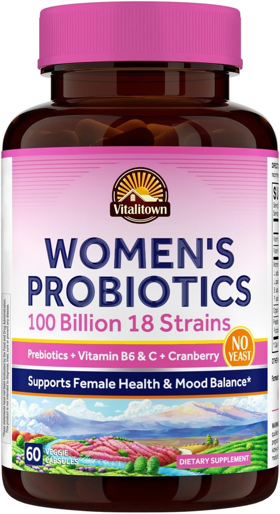 Vitalitown Women 's Probiotics CFU 124; 100 Billion CFU 18 Strains CFU 124; Prebiotics, VC & B6, Cranberry CF124; Stabilní vaginální, moči, stravovací a mood Support CF124; 60 Vegan Caps