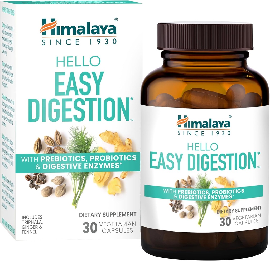 Himalaya Hello Easy Digestion, Digestive Enzymy s 2 biliony CFU Probiotika a Prebiotika, Plus 100 mg Herbal Digestive Support s Ginger, Fennel & Triphala, 30 Vegetariánské kapsle