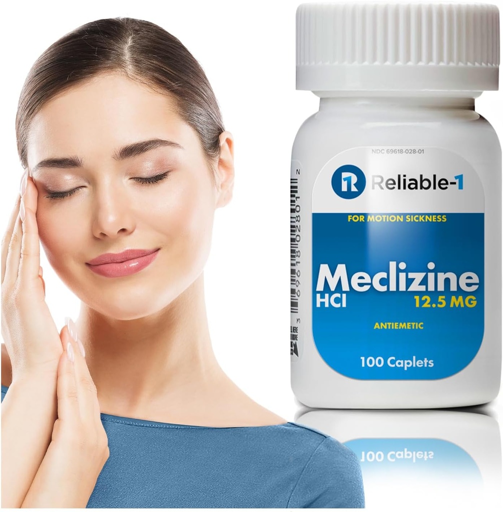 Reliable-1 Laboratories Meklizin HCL 12, 5 mg Kaplety - Prevent Nausea, Zvracení, a závrať způsobená pohybovou nemocí (100 Kaplet, 1 lahvička)