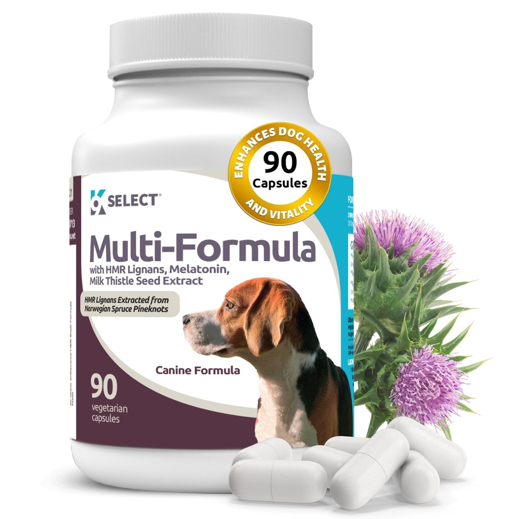 K9 Vyberte Multi- Formule Dog Vitamíny pro střední psy - 20mg HMR Lignans, 2mg melatonin, 40mg Milk Thistle - Pomáhá srdce, játra, Digestion & Coat Health, Pes Multivitamin, 90 Kapsle