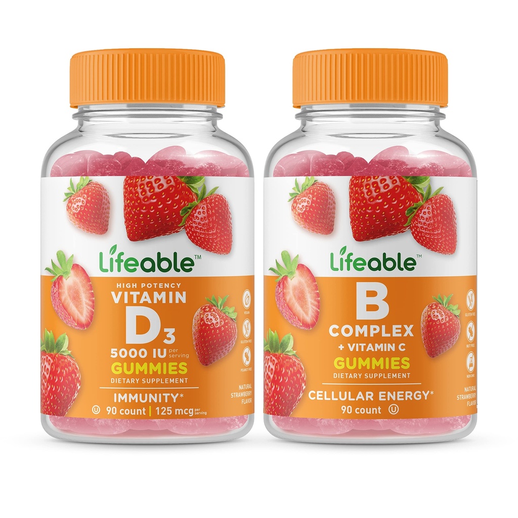 Lifeable Vitamin D 5000 IU + B Complex, Gummies Bundle - Great Toasting, Vitamin dodatek, Lepek zdarma, GMO zdarma, Žvýkací žlab