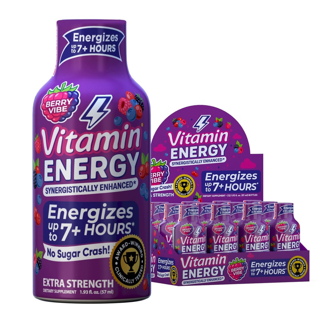 Vitamin Energy Mood + Extra Energy Shot Tropical Berry 12 Pack, 260mg přírodní kofein, B-Vitamíny, Rhodiola, Heřmánek, Mood & Energy Support, Nulový cukr, gluten- Free, Vegan, 1.93 fl oz