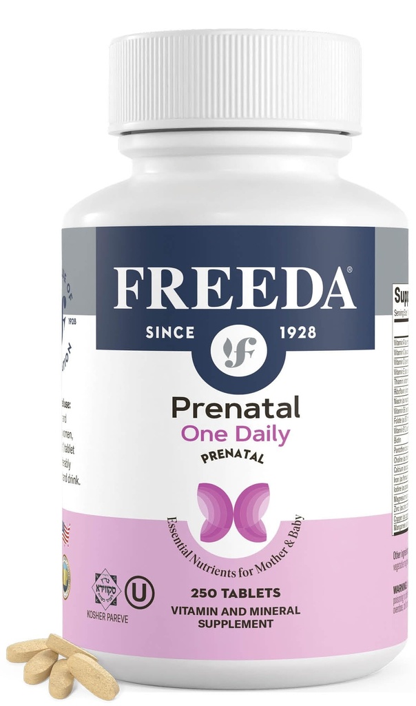 FREEDA Prenatal Vitamin - Kosher Prenatals - Prenatal Vitamíny se železem, Prenatal Folic Acid, Cholin, Vitamin D - Jeden denní Pre Natal Multivitamin Podpora pro těhotné a laktační ženy (250)