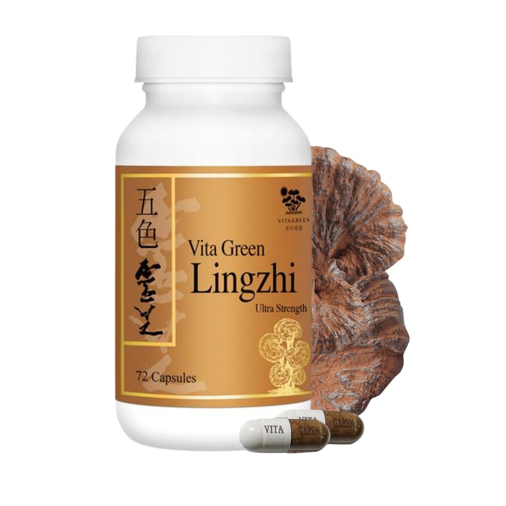 Vita Green Lingzhi Houbové kapsle pro energii, paměť a imunitní podporu - Čisté Reishi dodatek s přírodními antioxidanty pro wellness a energii - 72 Kapsle