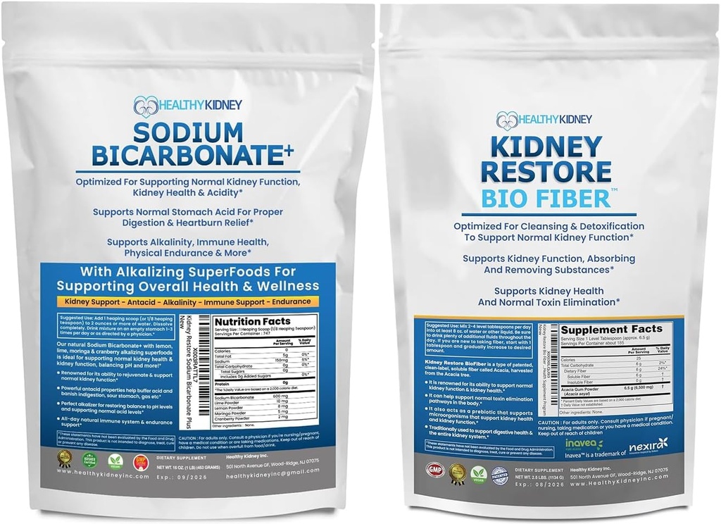 Organické Bikarbonát sodný Alkalický dodatek 1.5LB & Bio Fiber Ledviny Cleanse Detox 2.5 LBS Bundle - Podporuje zdraví ledvin, Žaludeční kyselina Neutralizer, Alkalické Superpotraviny, Imunitní podpora, Detox