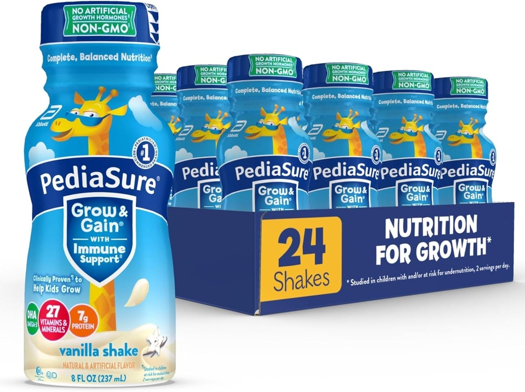 PediaSure Grow & Gain s imunitní podporou, 27 Vitamíny & Minerály pro děti, 7g protein, Non- GMO, gluten- Free, Vanilla, 8-fl- oz láhev, balení 24