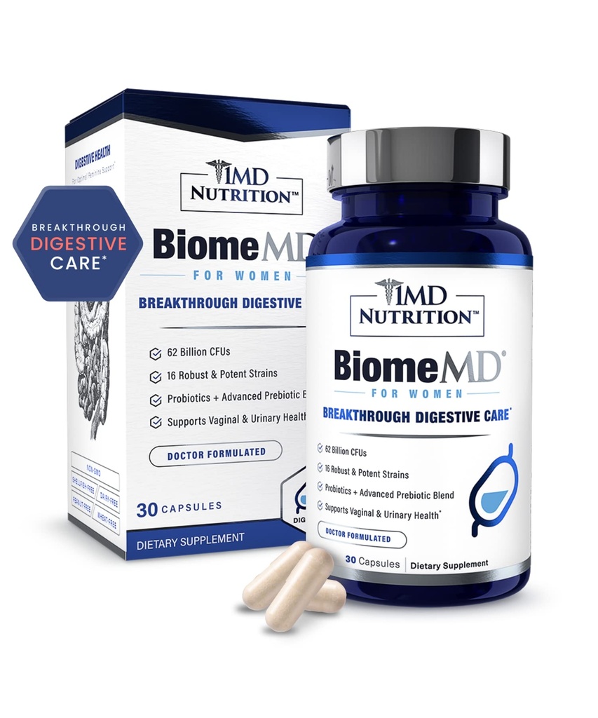 1MD Nutrition BiomeMD Probiotika pro ženy - Denní Prebiotika a Probiotika pro ženy - Více než 60 miliard CFU, 15 Strains - Womens Probiotic na podporu močového a vaginální zdraví - 30 Kapsle
