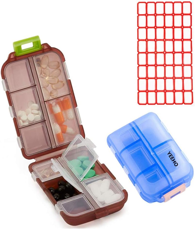 Pouzdro na pilulky (2 balení) - Přenosné malé doplňky Tablet Kontejner Box s 10 Compartments - Medicine Vitamin Organizer Dipenser Holder Storage for Travel Trip Pocket Purse (Blue + Chocolate)