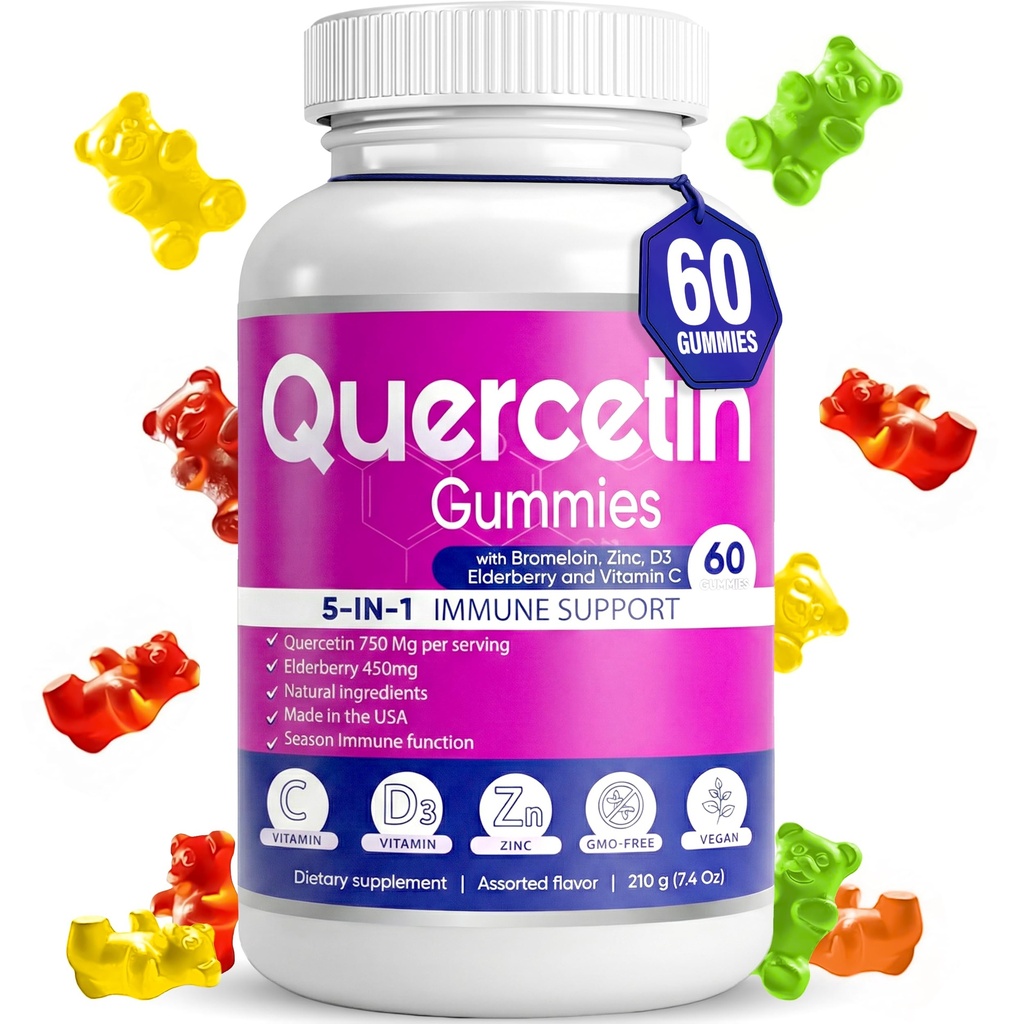 Quercetin Gummies by BioVitalica - Quercetin s bromelainovým vitaminem C a zinkem & Elderberry + vitamin D3-5 in 1 Imunitation Support - Zinek Quercetin 750 mg pro děti a dospělé (1)