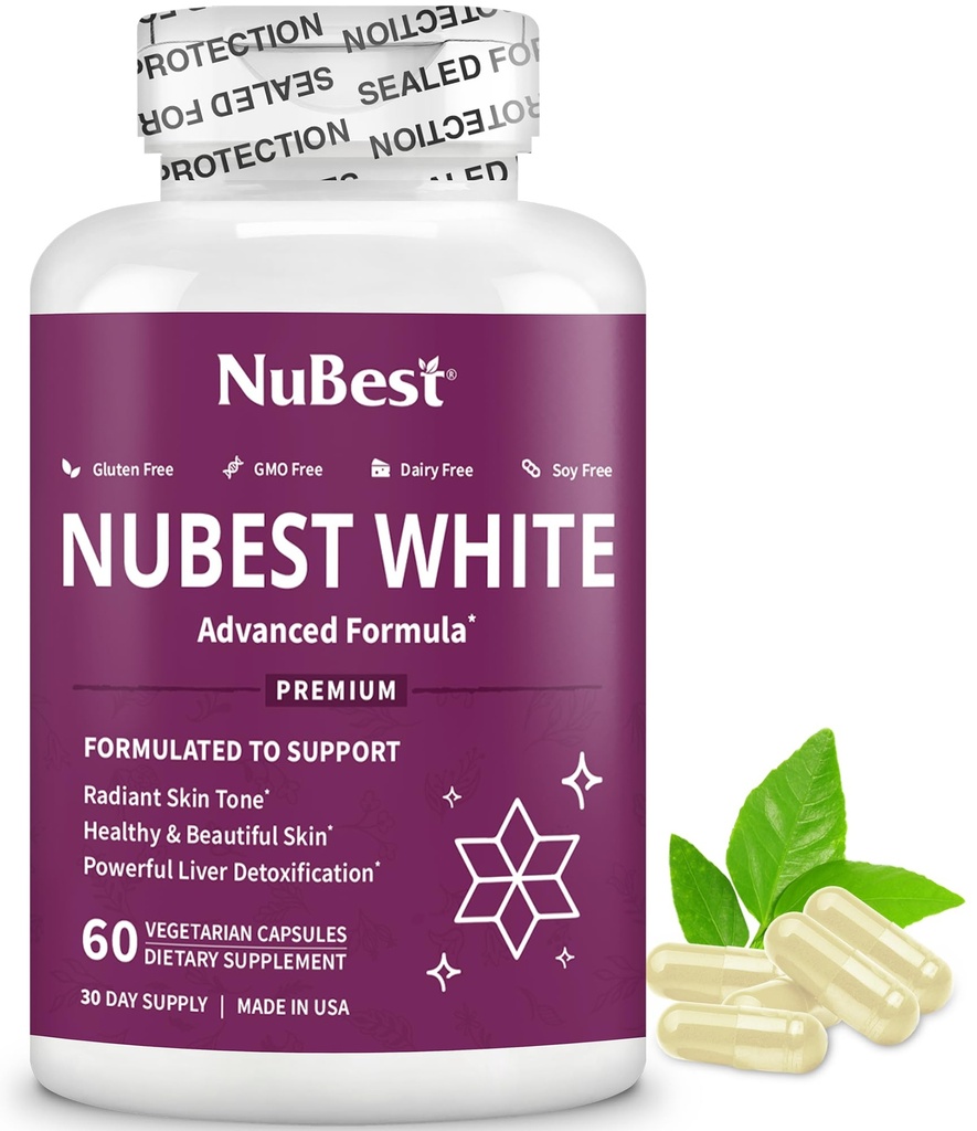 NuBest White - Glutathione 400mg & Mléko Thistle Extract - Skin Brighting Supplement - Pomáhá krásné a zářivé pokožky - Antioxidant dodatek & detoxikace 124; 1 měsíc Dodávka