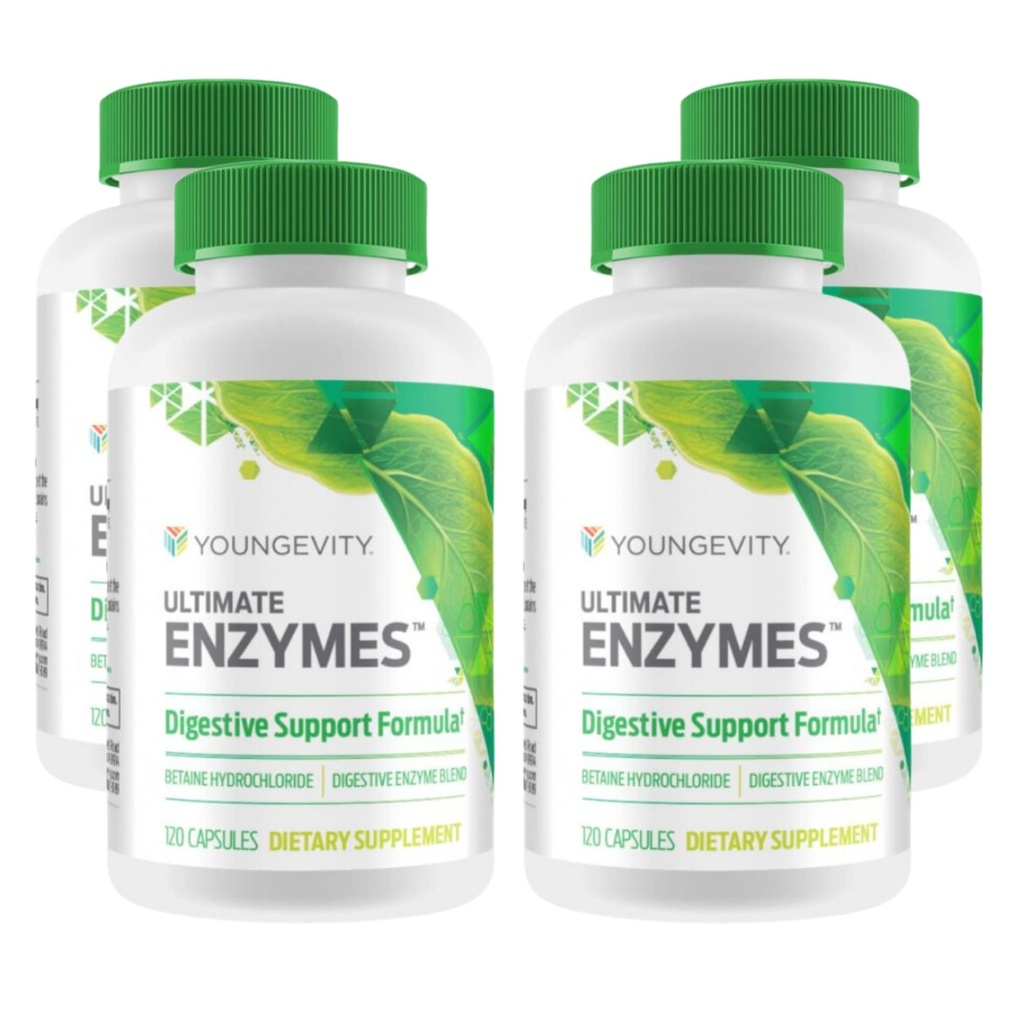 Youngevity Ultimate Enzymes ® - Multi Enzymy pro stravení, Plynové a nadýmání Relief - Betaine HCl, Ox Bile, Pankreatin 10X, Papain 6M, Pepsin 1: 3000 (120 Kapsle - 4 balení)
