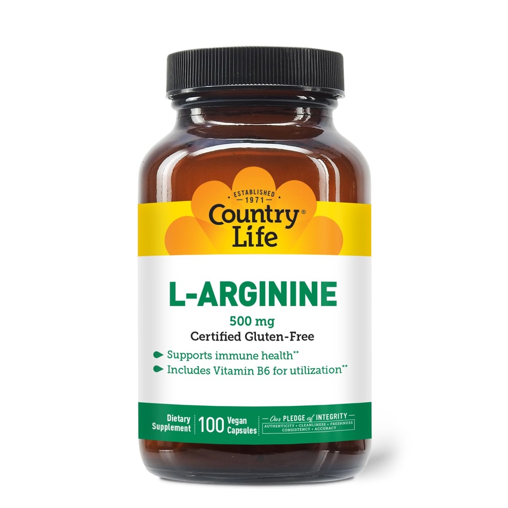 Země Life L- Arginin Caps s vitamínem B-6, 500mg, 100 Vegan Kapsle, Certified gluten zdarma, Certified Vegan