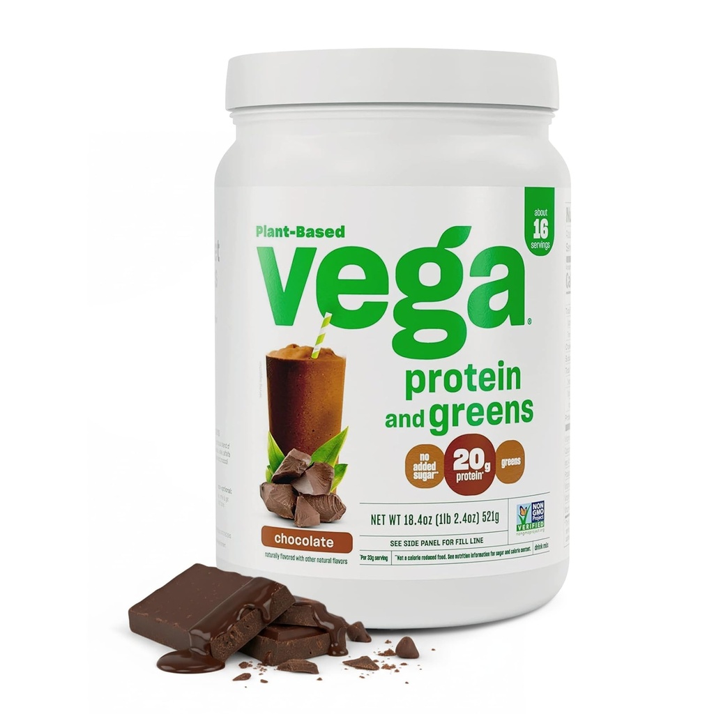 Vega protein a zeleninový protein prášek, čokoláda - 20g rostlinného proteinu plus vegetace, vegan, non GMO, pea protein pro ženy a muže, 1.2 kg (Balení květen Vary)