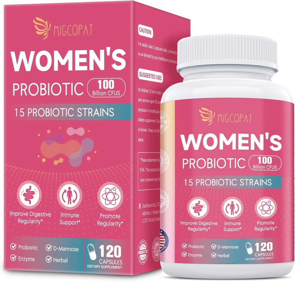 Probiotika pro ženy, 100 miliard CFU Womens Probiotika s prebiotika, Digestive Enzymy, D- Mannose & Cranberry Extract pro imunitní podporu, Vaginální & Močové zdraví, Digestivní bilance - 120 Kapsle