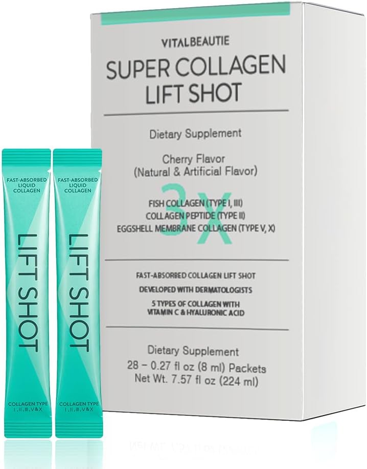 VITALBEAUTIE Liquid Collgen pro ženy, SuperCollagen Výtah Shot - Premium Multi Collagens Peptides Typ I, II, III, V, X 1500mg s hyaluronic, Vitamin C, třetí strana Certified, vysoká absorpce