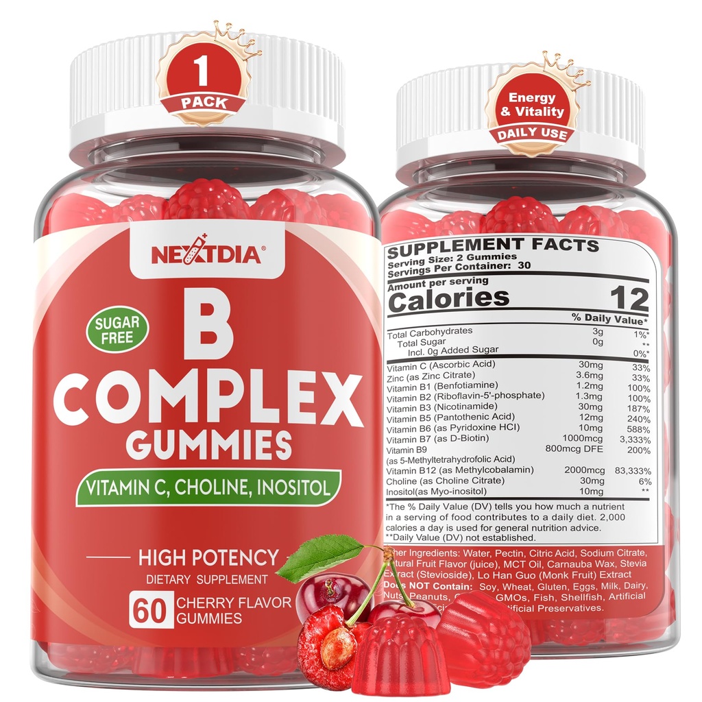 Vitamin B Complex Gummies, Vegan Vitamin B Gummies s 2000 mcg methyl B12, Methyl Folát 124; Plus Cholin + Inositol, Vitamin C + Zinek pro podporu energie, nálada, imunitní, zdravé vlasy, kůže - 60 Cts