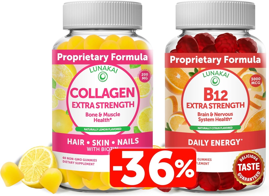 Lunakai Collagen & Biotin Gummies Bundle - Vitamíny pro vlasy, kůži a mladistvý vzhled - Non- GMO proti stárnutí proteinové doplňky pro muže a ženy - 30 dní dodávky