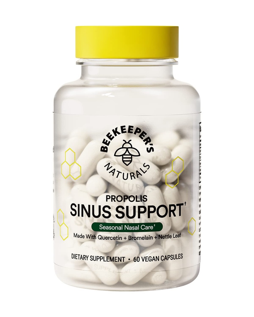 Beekeerovy Naturals All Natural Sinus Podpora pro dospělé, Sezónní Nasal Care Relief s Propolis, Quercetin, Bromelain, Nettle Leaf, & Vegan Capsule, Blocks nebo Suppresses Histamin, 60 ct
