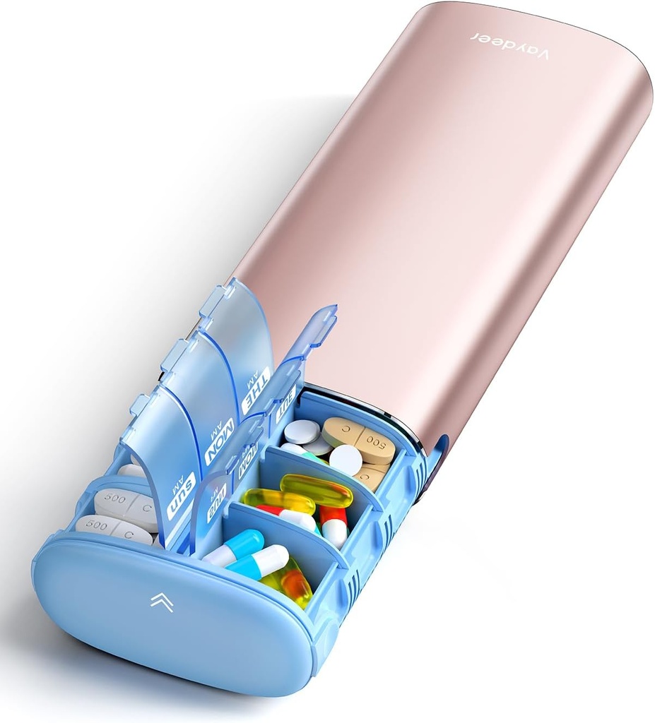 Vayjelen 7 dní týdně Pill Organizátor 2 krát denně, Metal Am Pm Cestovní Pill Pouzdro, Velká kapacita dvakrát denně roztomilý Pill Box pro doplňky, pilulky, vitamíny a léky (Rose Gold)