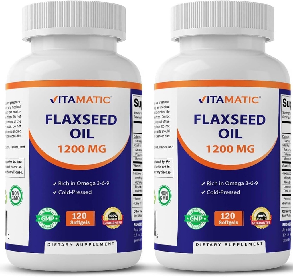 Vitamatic 2 Pack Flaxseed Oil 1200mg 120 od Cold Pressed Flax Seed - 675 mg ALA Omega 3 mastné kyseliny pro zlepšení zdraví srdce