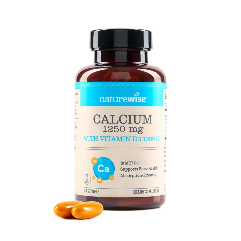 NatureWise High- purity, All- Natural Calcium 1250mg + Vitamin D3 1000IU + Organic MCT Coconut Oil - Těhotenství Safe + Non- GMO - Absorpce Friendly, Gluten Free - 60 Softgels [30- Day Supply]