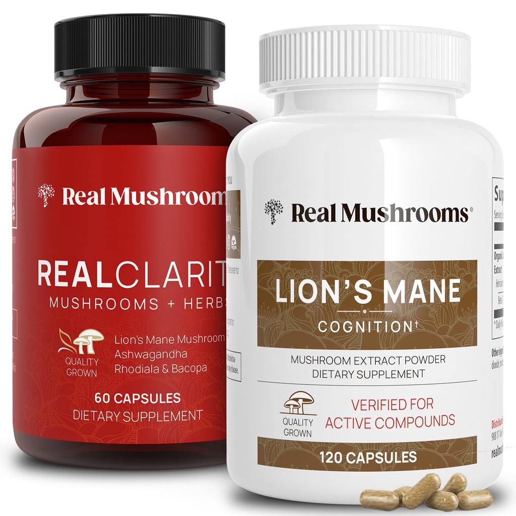 Real Houby RealClarity (60ct) a Lions Mane (120ct) Kapsle Bundle - Houbový dodatek pro zdraví mozku, Duševní Clarity, Focus, Cognition & Imunity Support - Brain Vitamíny w / Ashwagandha