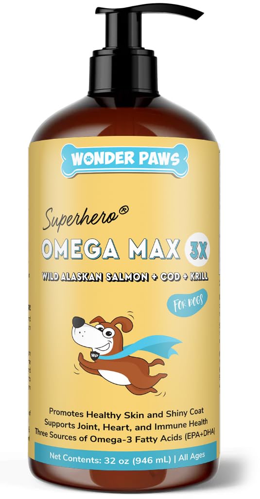 Wonder Paws Fish Oil for Dogs - Omega 3 pro psy z aljašského lososa, Cod & Krill Oil - EPA DHA Fatty Acids - Menší svlékání a svědění - Kůže, kloub, imunitní a srdeční zdraví - Tekutý dodatek (32 oz)
