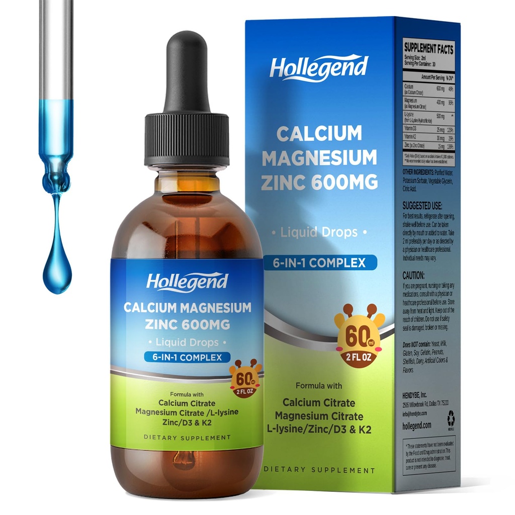 Liquid vápník Citrát Kapky s L- lysin 500mg, hořčík & zinek, vápník Citrát 600mg Dodatek s vitamínem D3 & K2 pro děti a dospělé, 2 Fl Oz