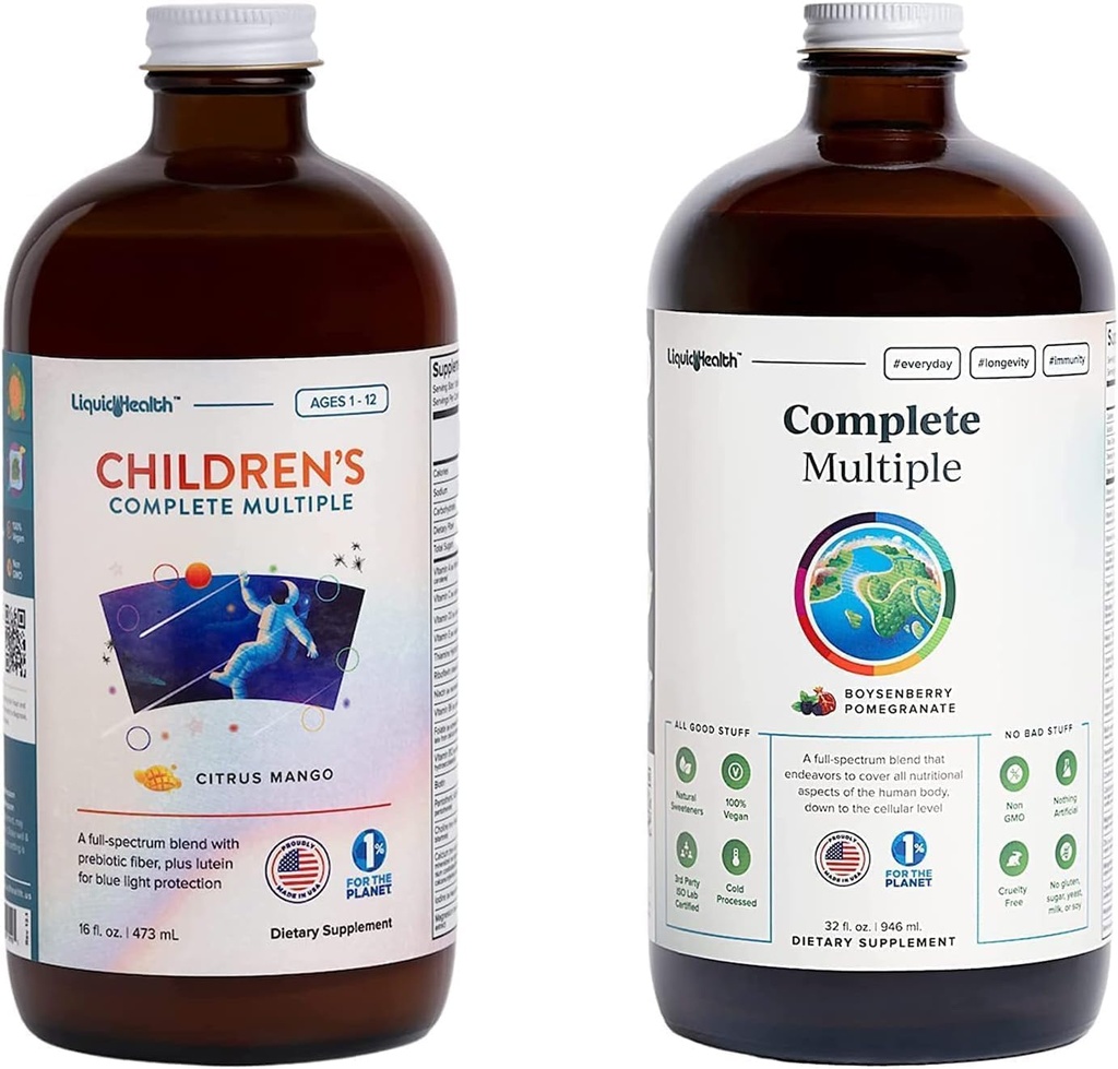 LIQUIDHEALTH Dospělý Kompletní vícenásobné a dětské kompletní vícenásobné tekuté multivitaminové pouzdro pro rodinu - Podpora celkového zdraví, posílení imunitního systému - Made in USA, All Foods, Vegan, Non- GMO