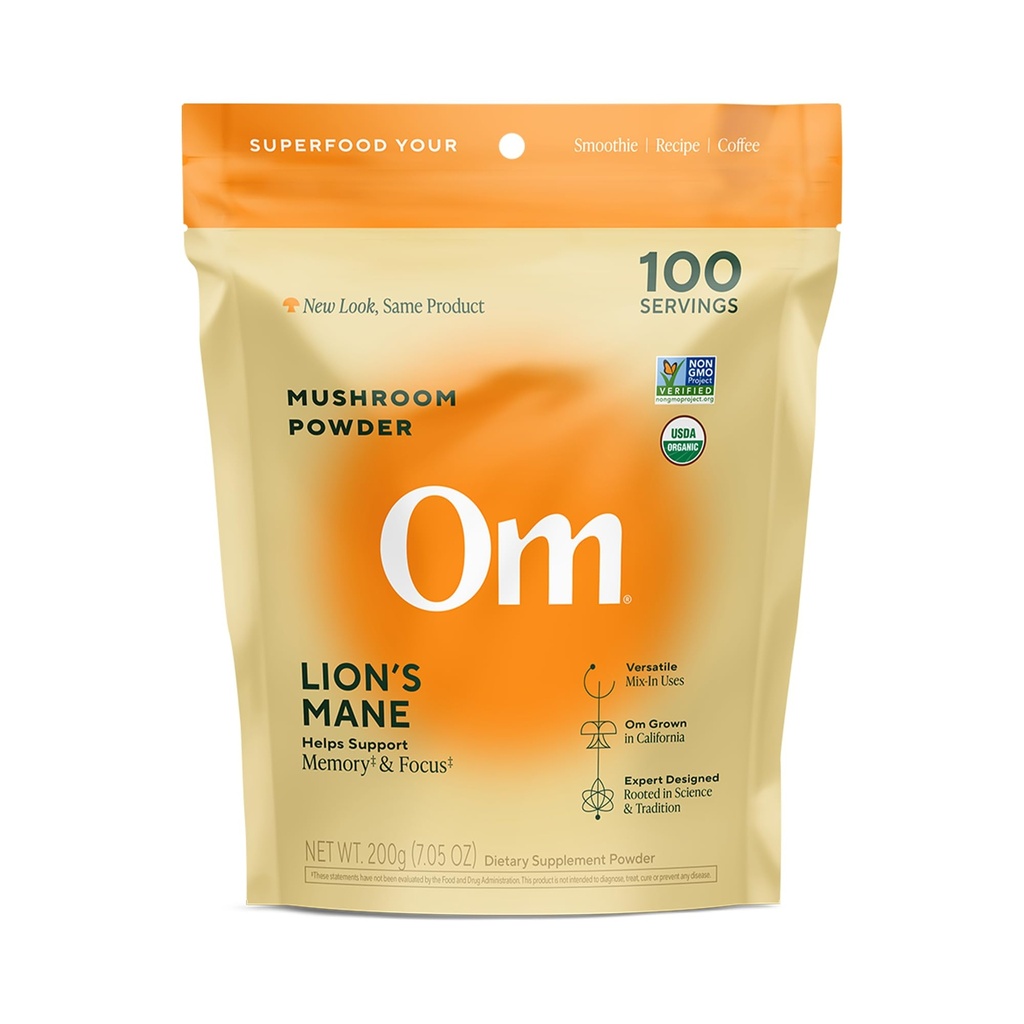 Om Lion 's Mane Houba Powder - Organic Houbový dodatek a nootropní - Podpora paměti, Focus and Nerve Health, 7.05 oz (100 Služeb)