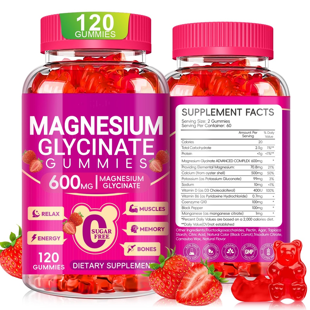 Glycinátové gumy hořčíku 600mg, Žvýkací cukr bez draslíku Magnesium- gumy s magnesium- glycinátem, vitamin D, B6 a CoQ10 pro spánek, relaxace, mozek a svalovina, 60 dní dodávky