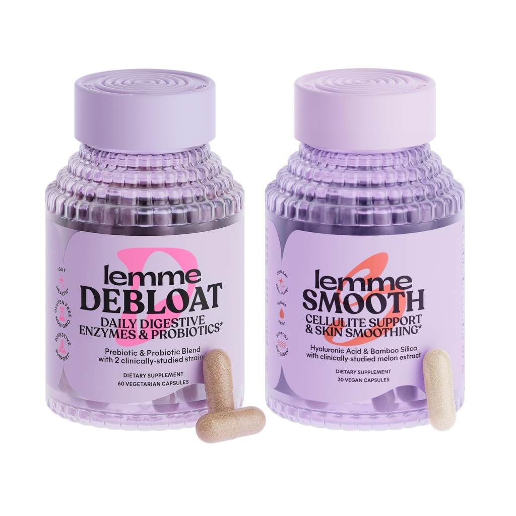 Lemme Debloat a Smooth Bundle - Prebiotický, Probiotický a trávicí enzym Kapsle pro Bloating & Gas Relief, Snižte Cellulit, Plump Skin, Smooth Cellulit