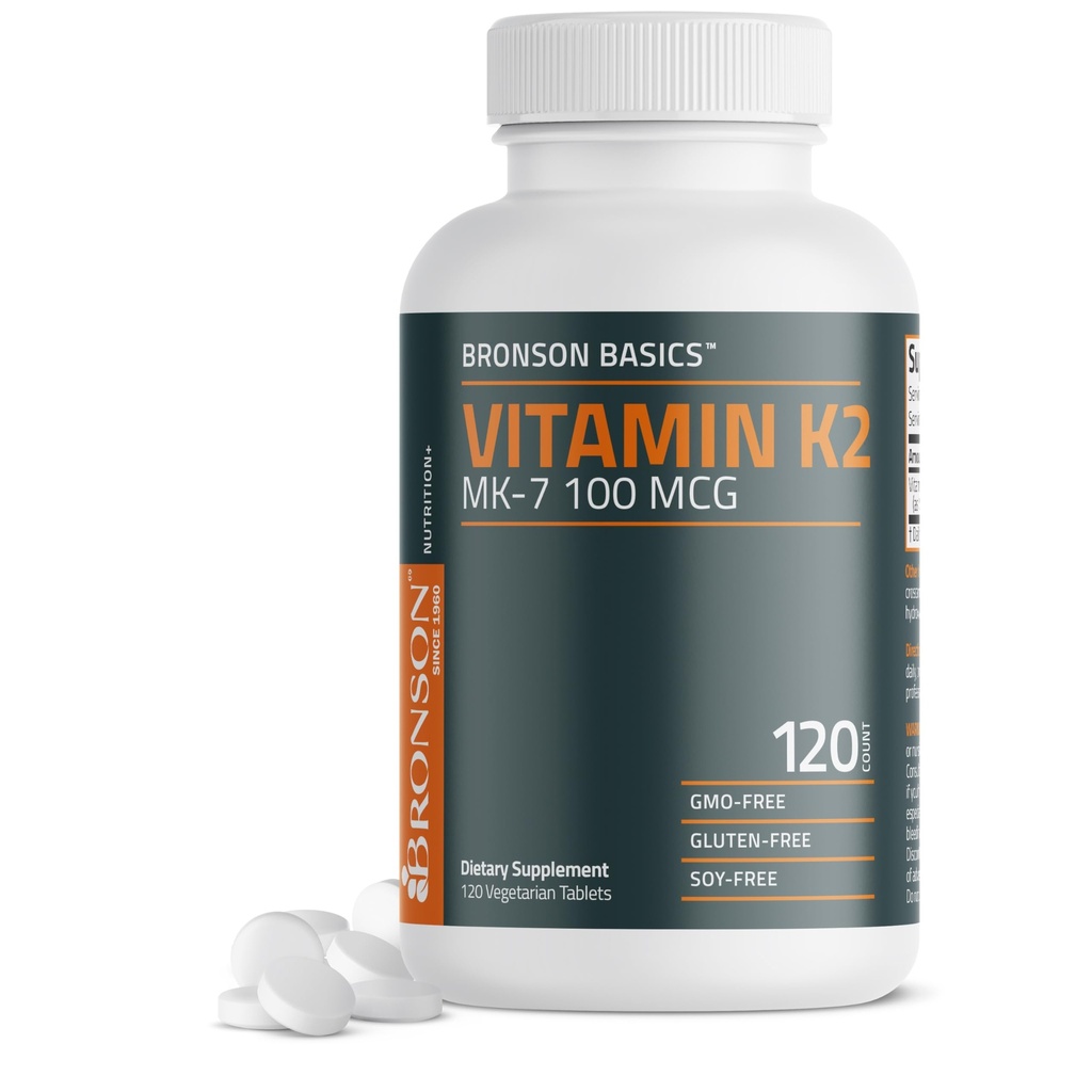 Bronson Vitamin K2 MK- 7 100 MCG, K2 jako MK7 Menachinon, Kostní podpora Non- GMO, 120 tablet