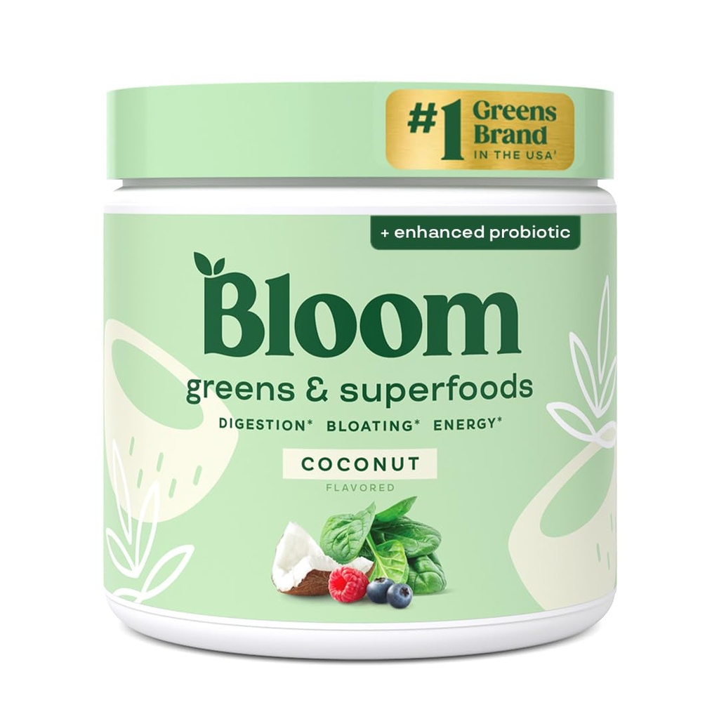 Bloom Nutrition Superfood Green Powder, Digestive Enzymy s probiotika a prebiotika, Gut Health, Bloating Relief pro ženy, Chlorella, Green Juice Mix s řepou kořenový prášek, 30 SVG, kokos