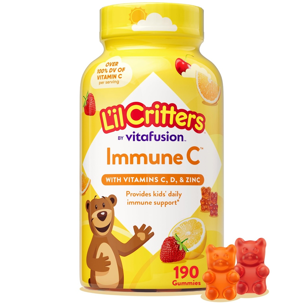 L 'il Critters Imunitní C Denní Gummy doplněk vitamin pro děti, pro vitamín C, D a zinek pro imunitní podporu, pomeranč, citrón, jahodové a třešňové příchutě, 190 gumové (Balení květen Vary)