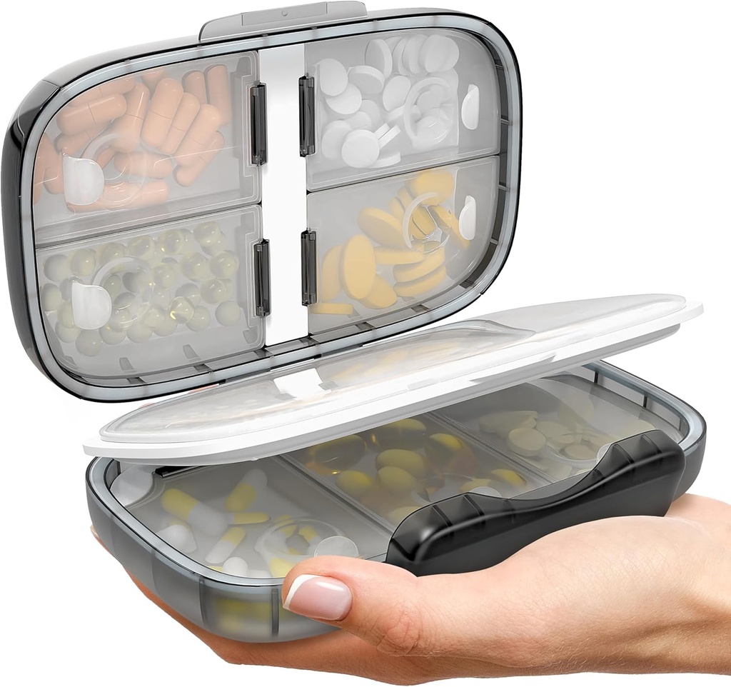 Travel Pill Organizátor - Vzduchotěsná medicína Pouzdro pro cestování Přenosné lékárny Box s etiketami Vitamin Container 8 Complex dodatek Držák léků Velká kapacita denně (Black-2)