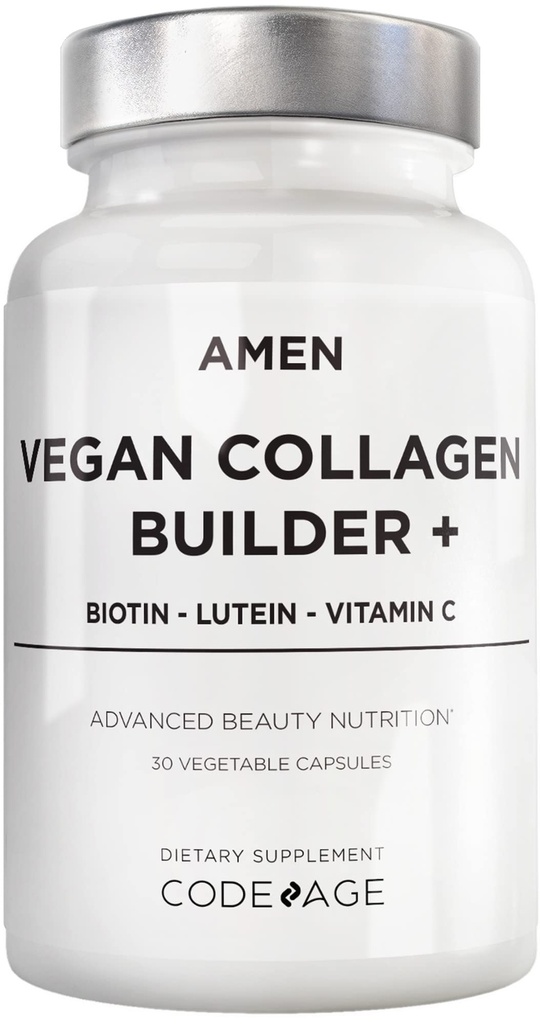 Amen Plant- Based Vegan Collagen Builder Supplement - Organic Whole Foods, Lutein, Vitamin C, Biotin, Lysin, Proline Collagen Boosters - Organic Cranberry, Lemon, Jahoda - Jednou denně - 30 Kapsle