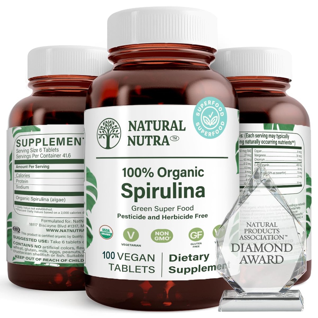 Natural Nutra 100% USDA Organic Spirulina Tablety, Pomáhá udržovat tělesný tuk, podporuje zdraví jater, podporuje imunitní systém, pomáhá zlepšit metabolismus, podporuje imunitu, 300mg, 100 Vegan Tablety