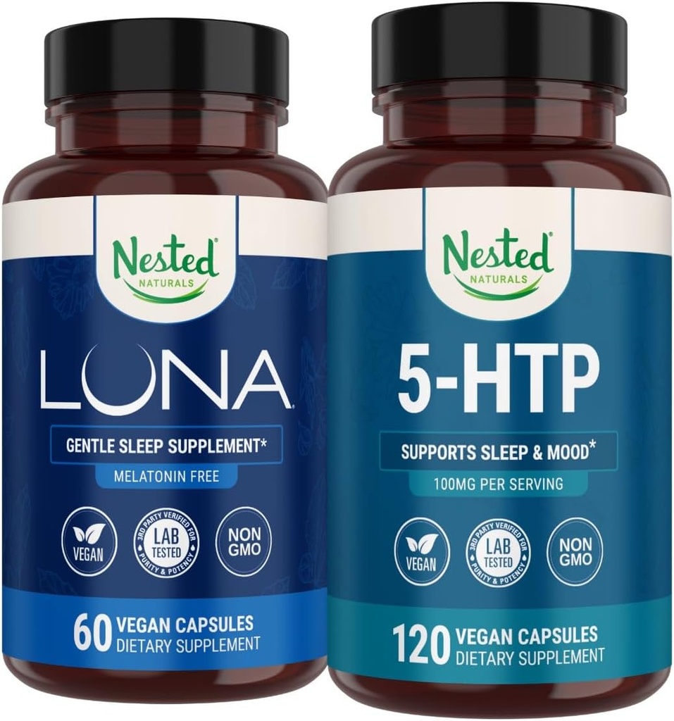 Nested Naturals Luna Melatonin- Free Sleep Supplement (60 Vegan Kapsle) & 5-HTP 100mg (120 Vegan Kapsle) pro lepší spánek, relaxace a nálady