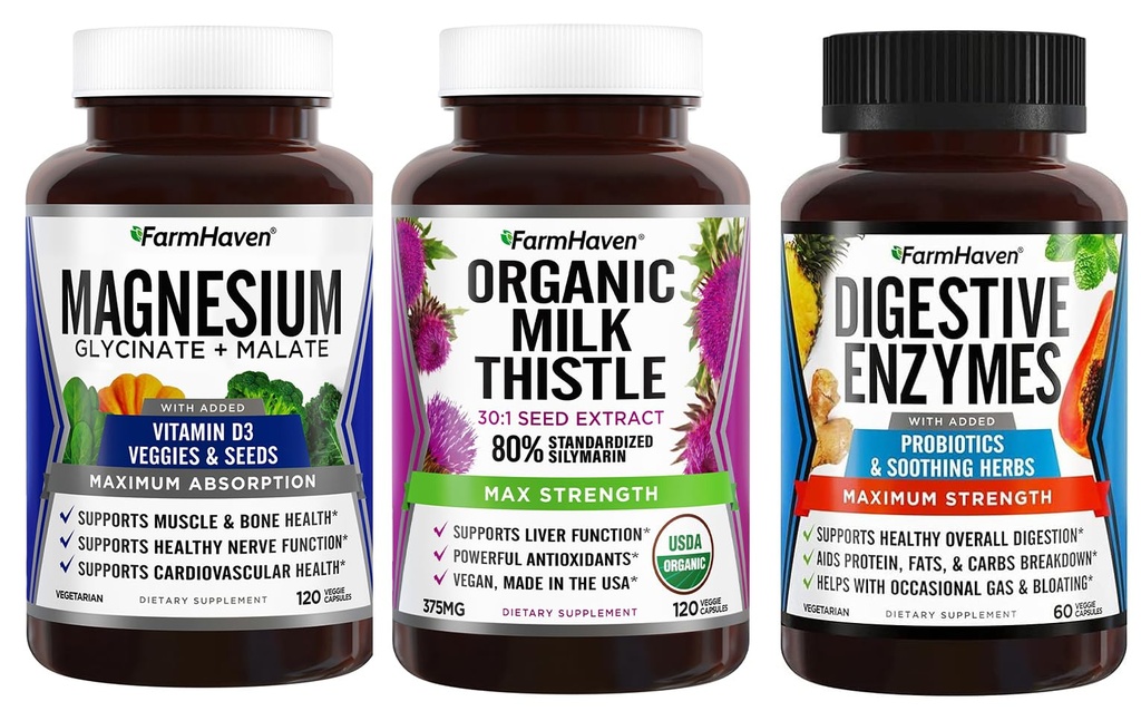 FarmHaven Magnesium Glycinate & Malate + Mléčné thistle + trávicí enzymy s probiotiky