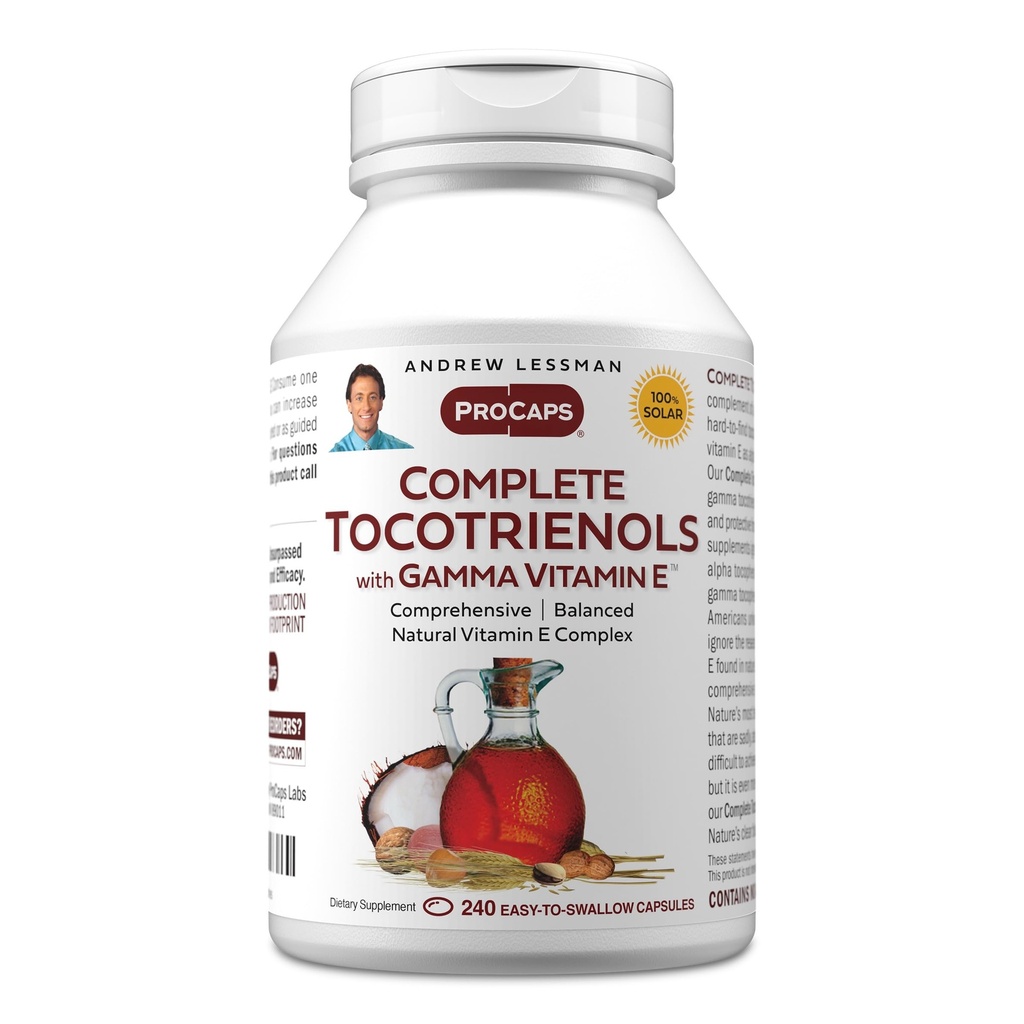 ANDREW LESSMAN Kompletní Tocotrienoly s gama vitamin E 240 Softgels - Osm forem vitaminu E (Alfa, Beta, Gamma, Delta Tocotrienoly a Tocotrienoly). Výkonný antioxidant. Žádné doplňkové látky