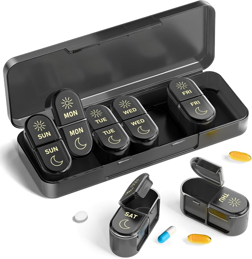 AM & PM Pill Organizér 7 dní, Týdenní Pill Pouzdro 2 krát denně, Pill Box 7 Day, Medicine Pill Organizátor pro cestování, Vitamíny, Rybí oleje, doplňky