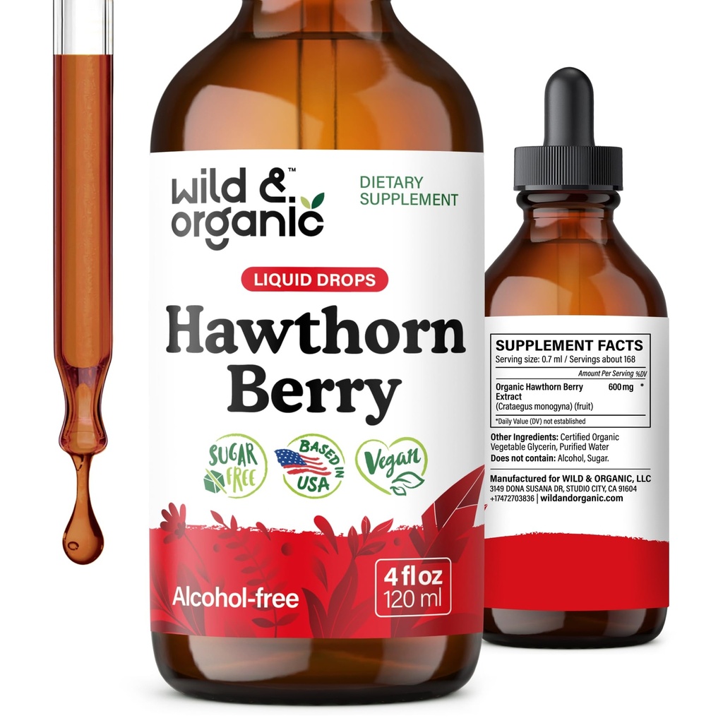 Wild & Organic Hawthorn Berry tinktura 600 mg - Liquid Hawthorne Berry Supplement pro celkovou podporu - Vegan, Cukr & Alcohol- Free Fruit Extract Drops - 4 fl oz
