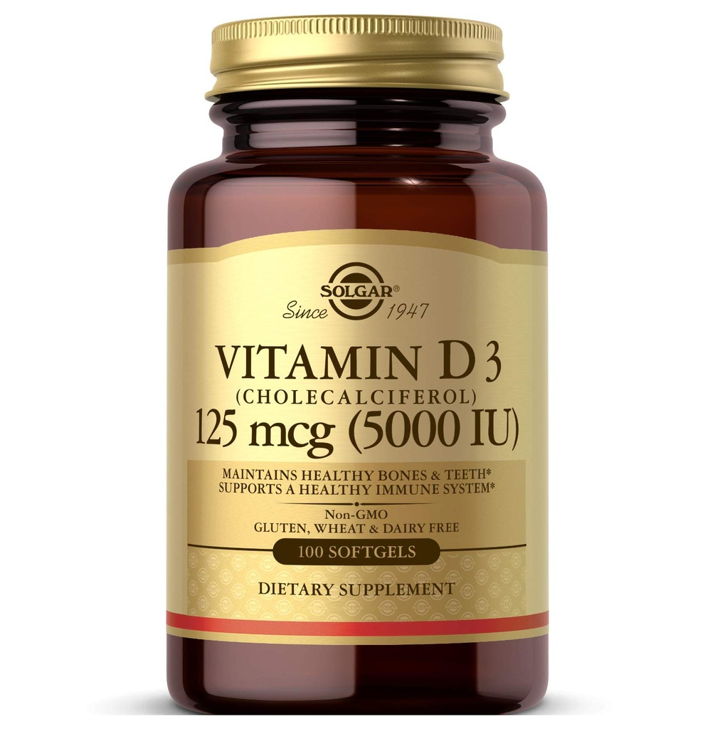 Solgar Vitamin D3 (Cholekalciferol) 125 MCG (5000 IU), 100 Softgels - Pomáhá udržovat zdravé kosti a zuby - Podpora imunitního systému - Non GMO, gluten- free, mlékárenské zdarma - 100 Služeb