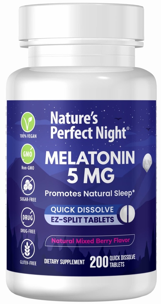 Nature 's Perfect Night CLAS124; Melatonin 5mg CLAS124; 200 Quick Disolve Tablety CLAS124; Natural MixBerry Flavor CLAS124; Preferred Potency CLAS124; Cukr zdarma CLAS124; Vegan CLAS124; Gluten zdarma CLAS124; Velikost hodnoty