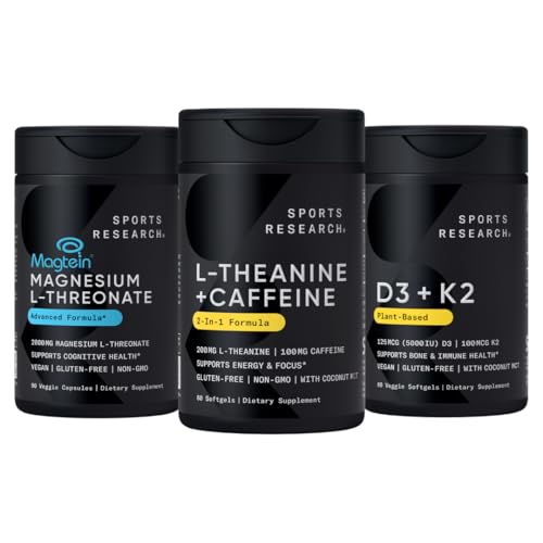 Sportovní výzkum Magtein Magnesium L- Threonát Kapsle (2000mg, 90 Kapsle), Vegan Vitamin D3 + K2 w / Organic Coconut Oil (5000iu VIT. D 100mcg Mk7 VIT. K, 60 Softgels) a L- Theanine (200mg, 60 ct)